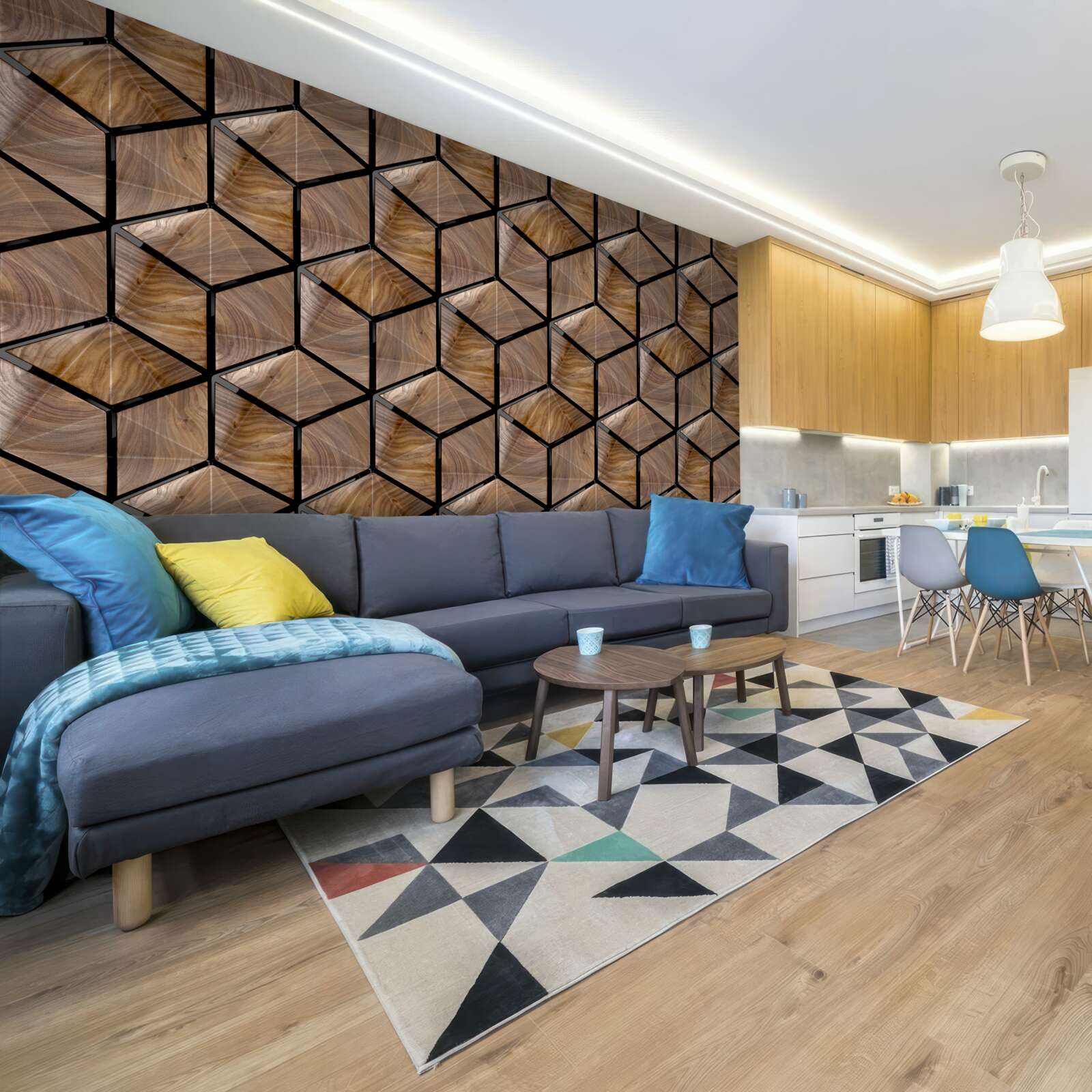 Carta da parati motivi di forme geometriche sul parquet