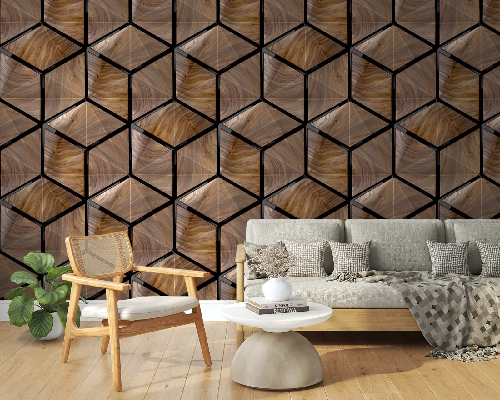 Carta da parati motivi di forme geometriche sul parquet