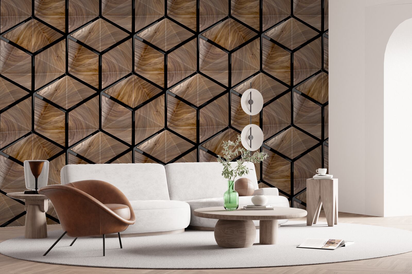 Carta da parati motivi di forme geometriche sul parquet