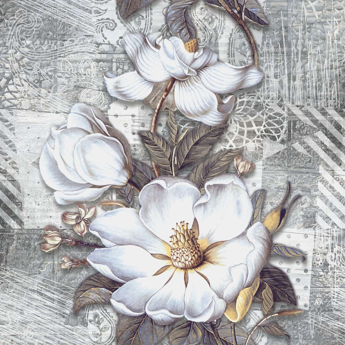 Carta da parati grandi fiori bianchi su uno sfondo di motivi astratti