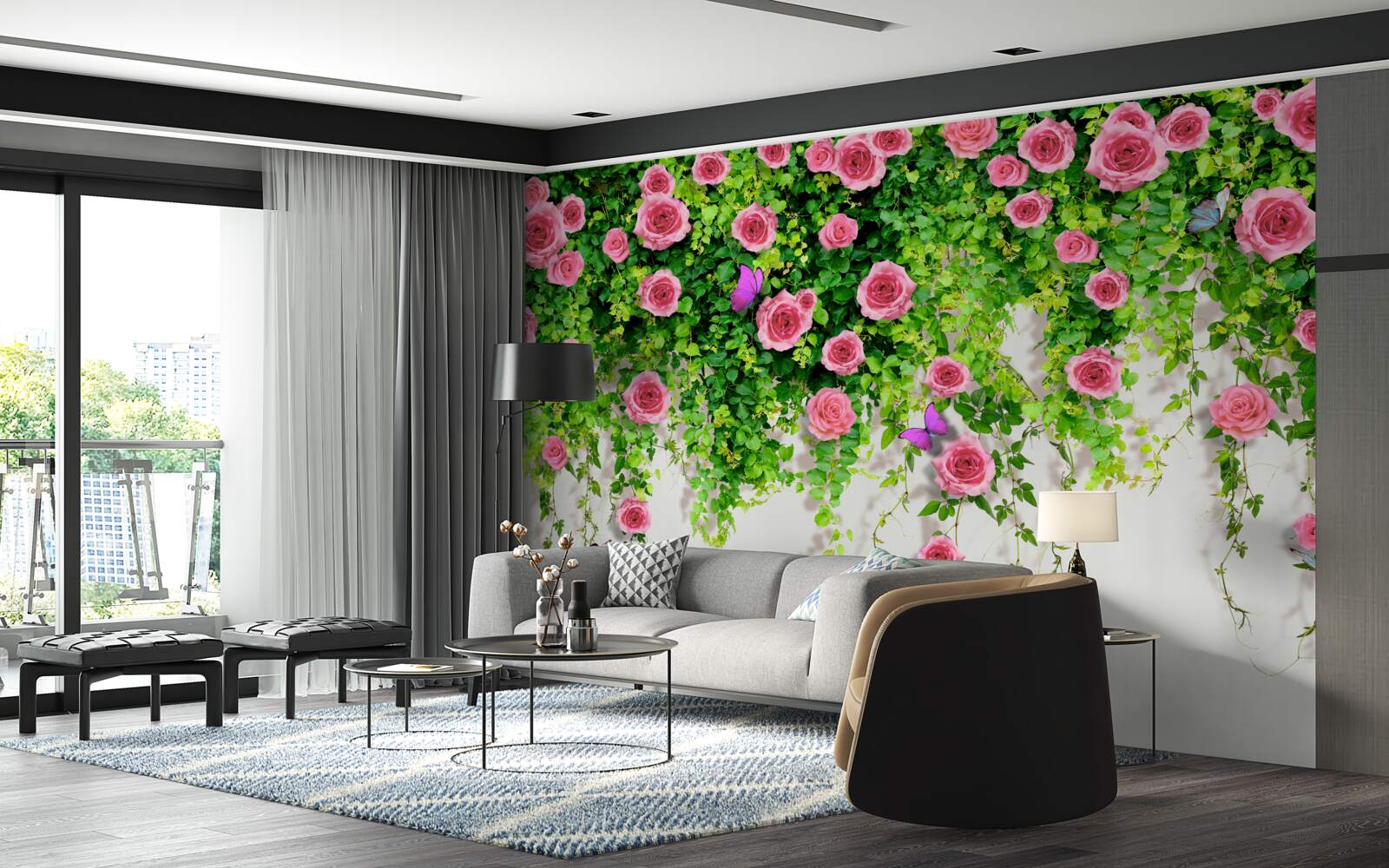 Carta da parati rose ad arbusto di colore rosa intenso