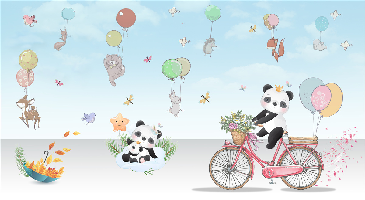 Carta da parati palloncini con panda e altri animali