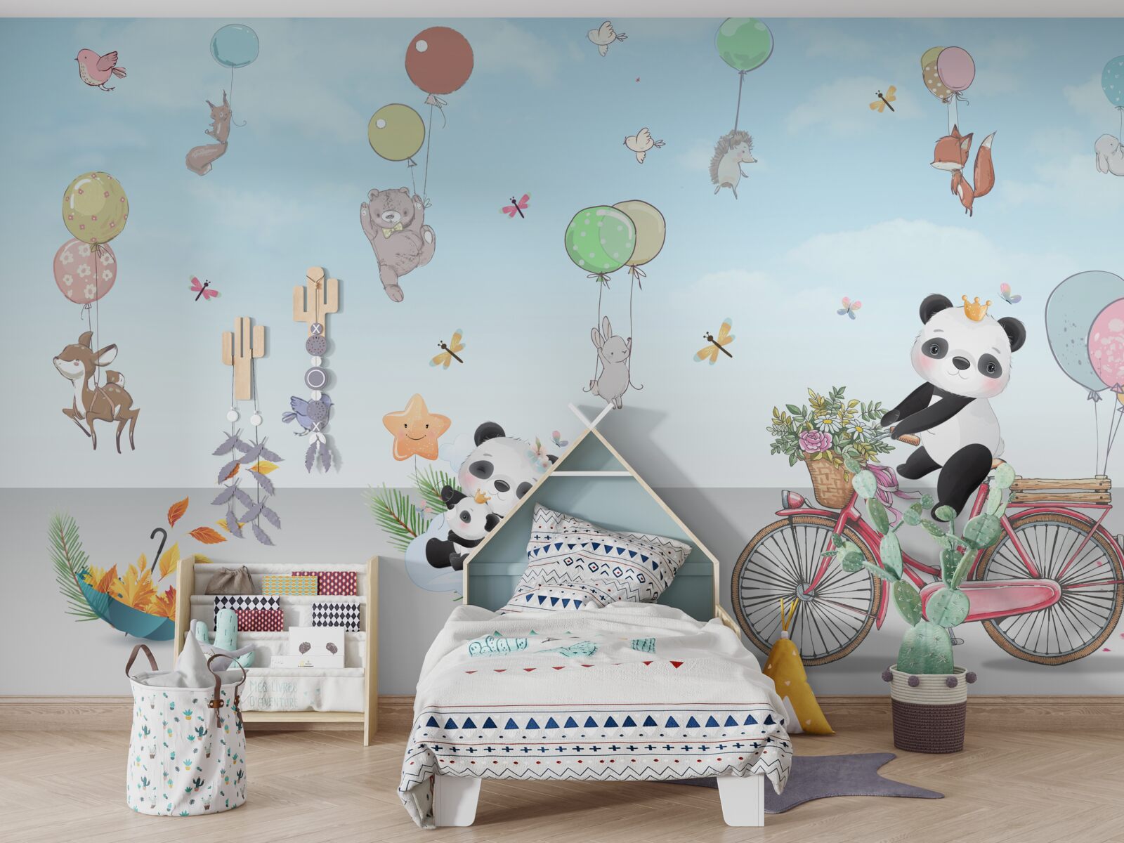 Carta da parati palloncini con panda e altri animali
