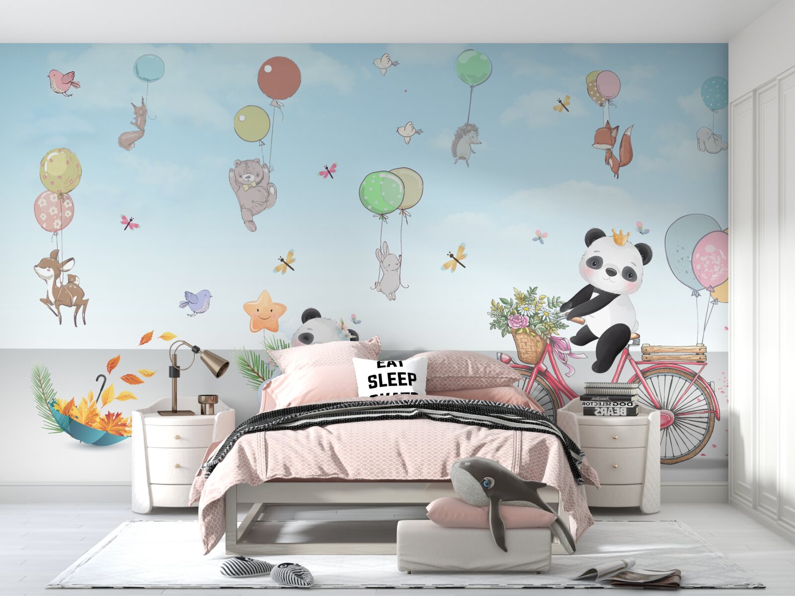 Carta da parati palloncini con panda e altri animali