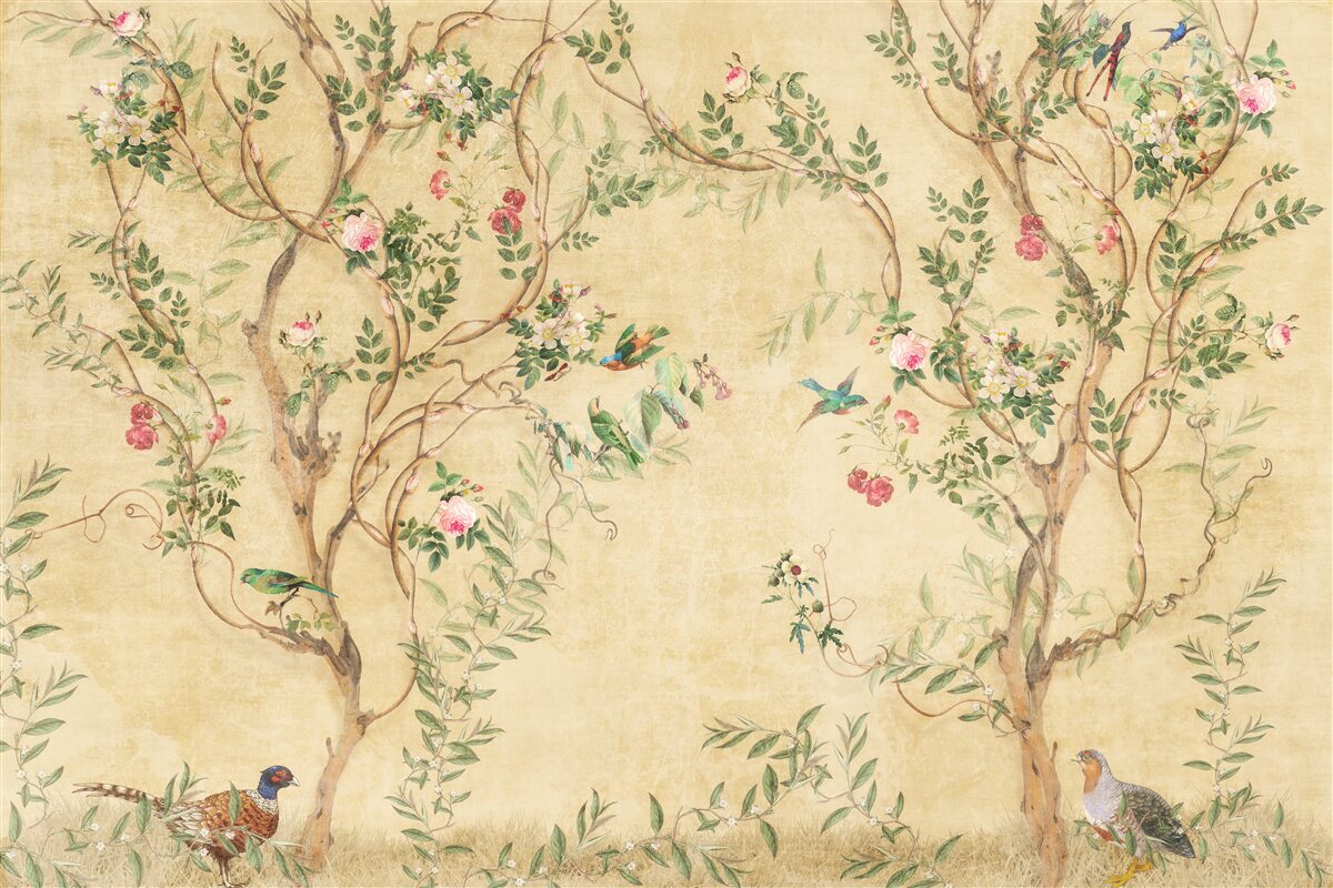 Carta da parati alberi e uccelli in primavera