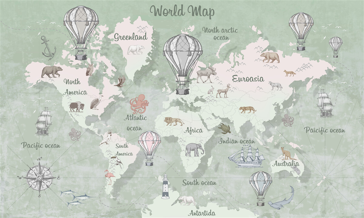 Carta da parati mappa del mondo con i continenti contrassegnati
