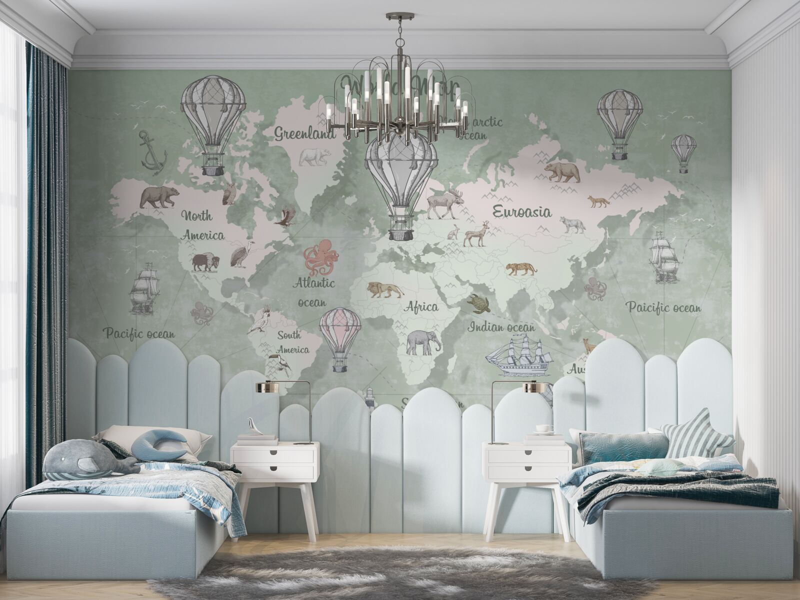 Carta da parati mappa del mondo con i continenti contrassegnati
