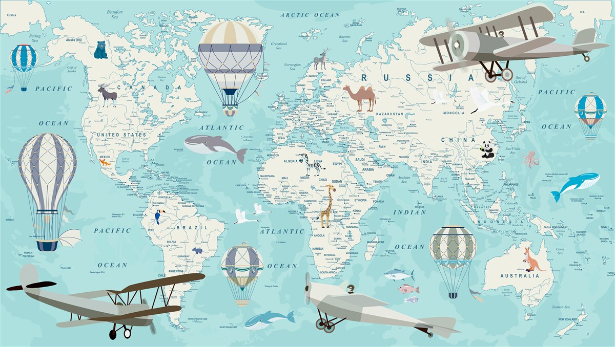 Carta da parati mappa del mondo in tonalità di blu per un bambino