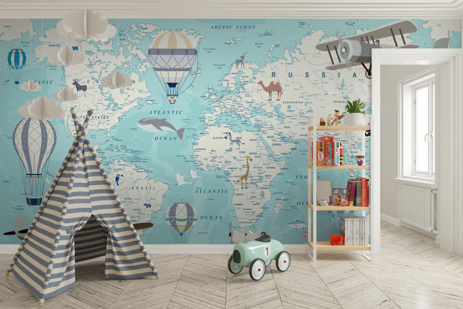 Carta da parati mappa del mondo in tonalità di blu per un bambino