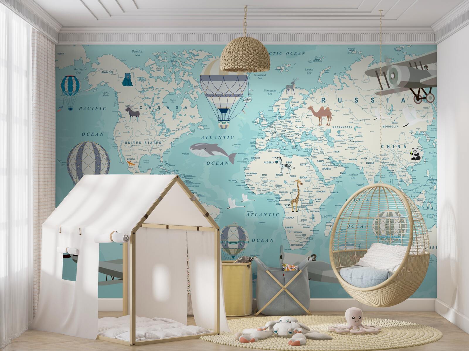 Carta da parati mappa del mondo in tonalità di blu per un bambino