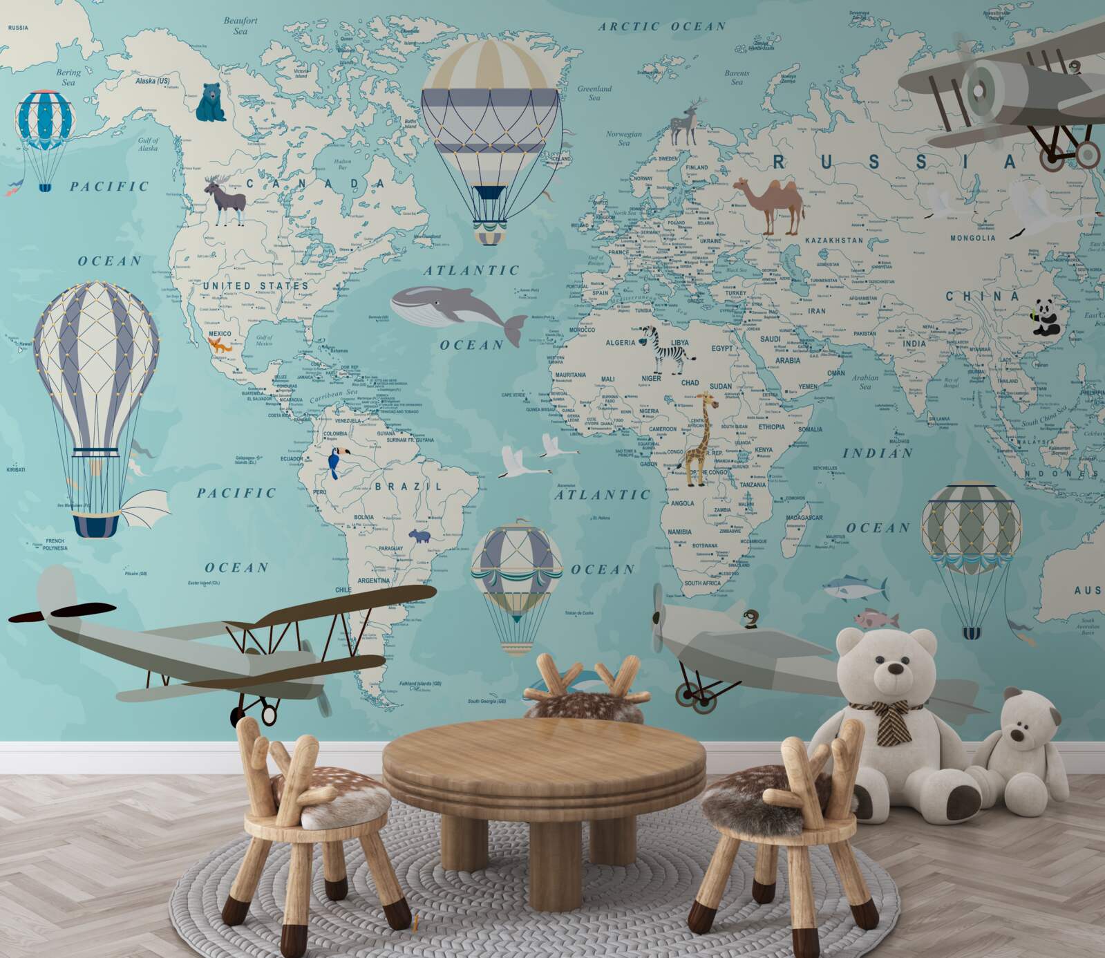 Carta da parati mappa del mondo in tonalità di blu per un bambino