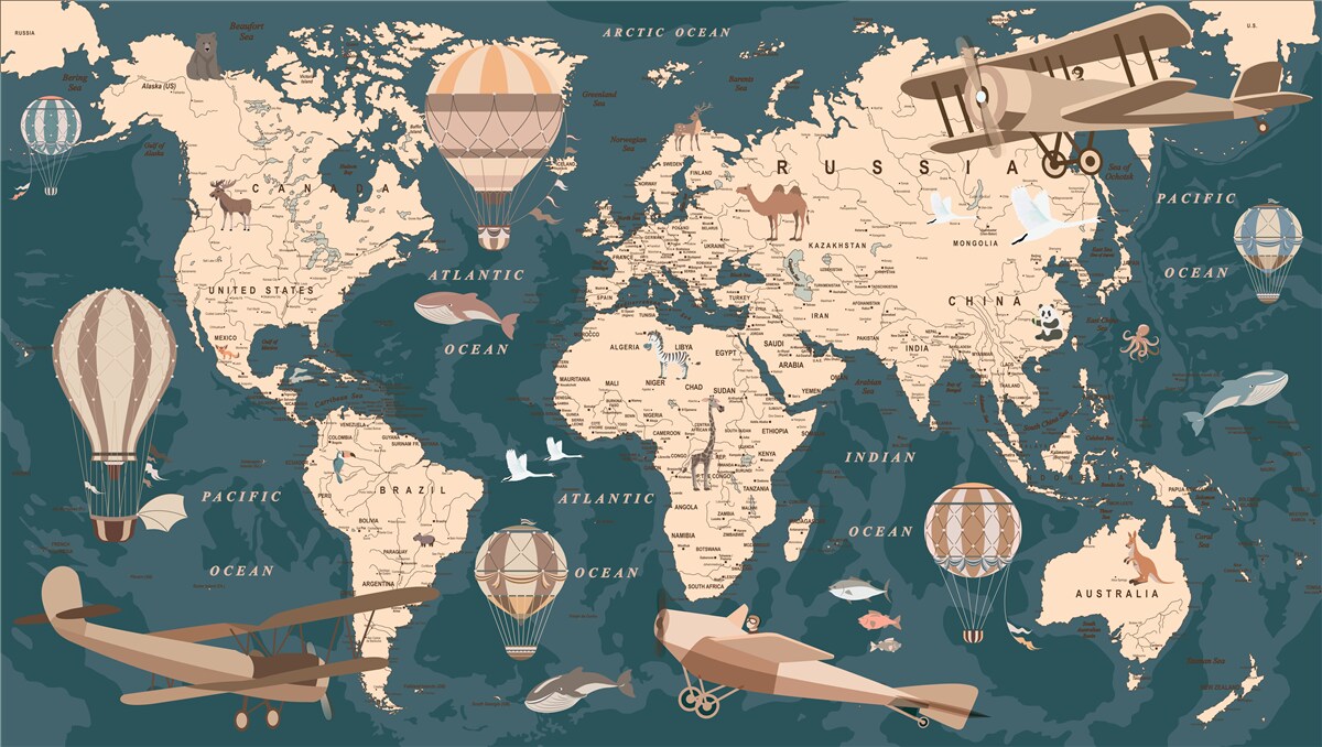 Carta da parati Mappa del mondo che mostra i trasporti e la popolazione