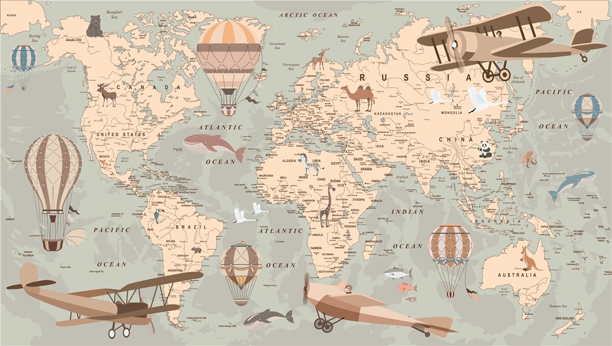 Carta da parati Mappa del mondo con immagini di animali e trasporti