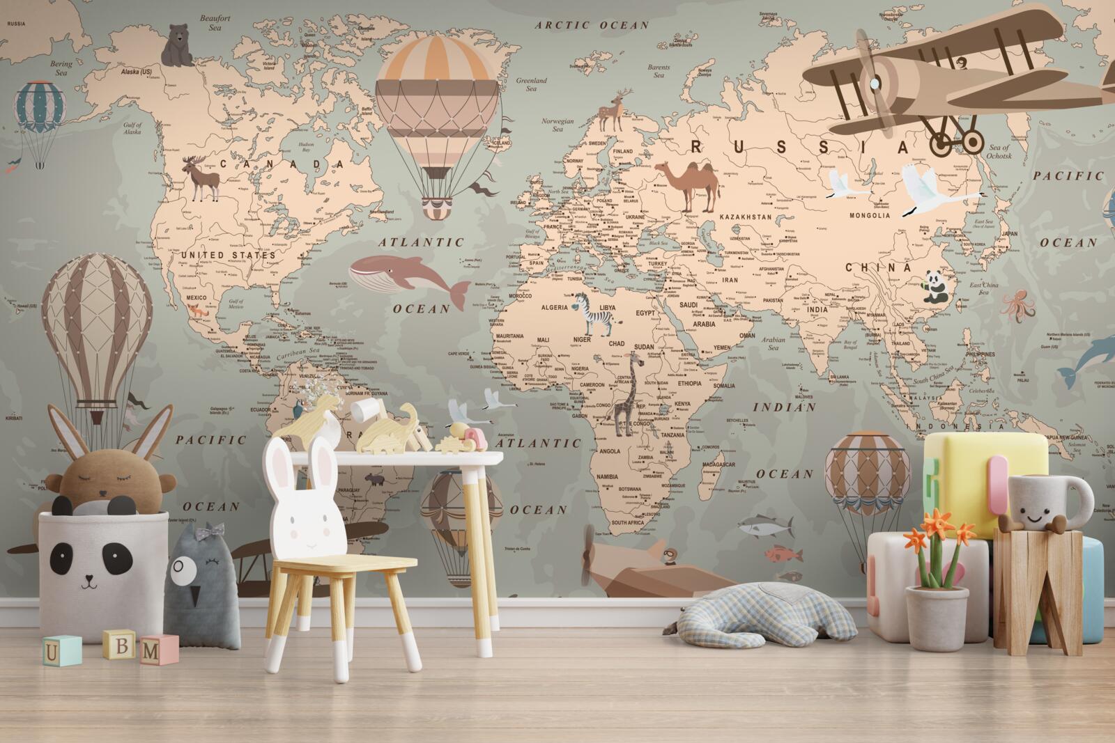 Carta da parati Mappa del mondo con immagini di animali e trasporti