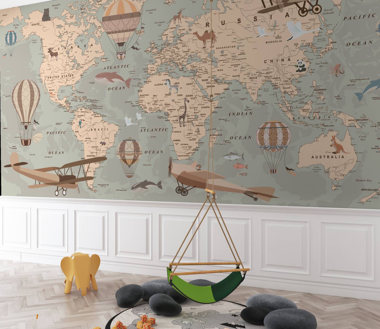 Carta da parati Mappa del mondo con immagini di animali e trasporti