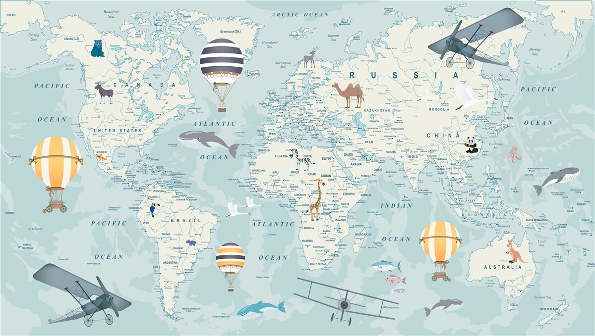Carta da parati Mappa del mondo che mostra i trasporti e gli animali