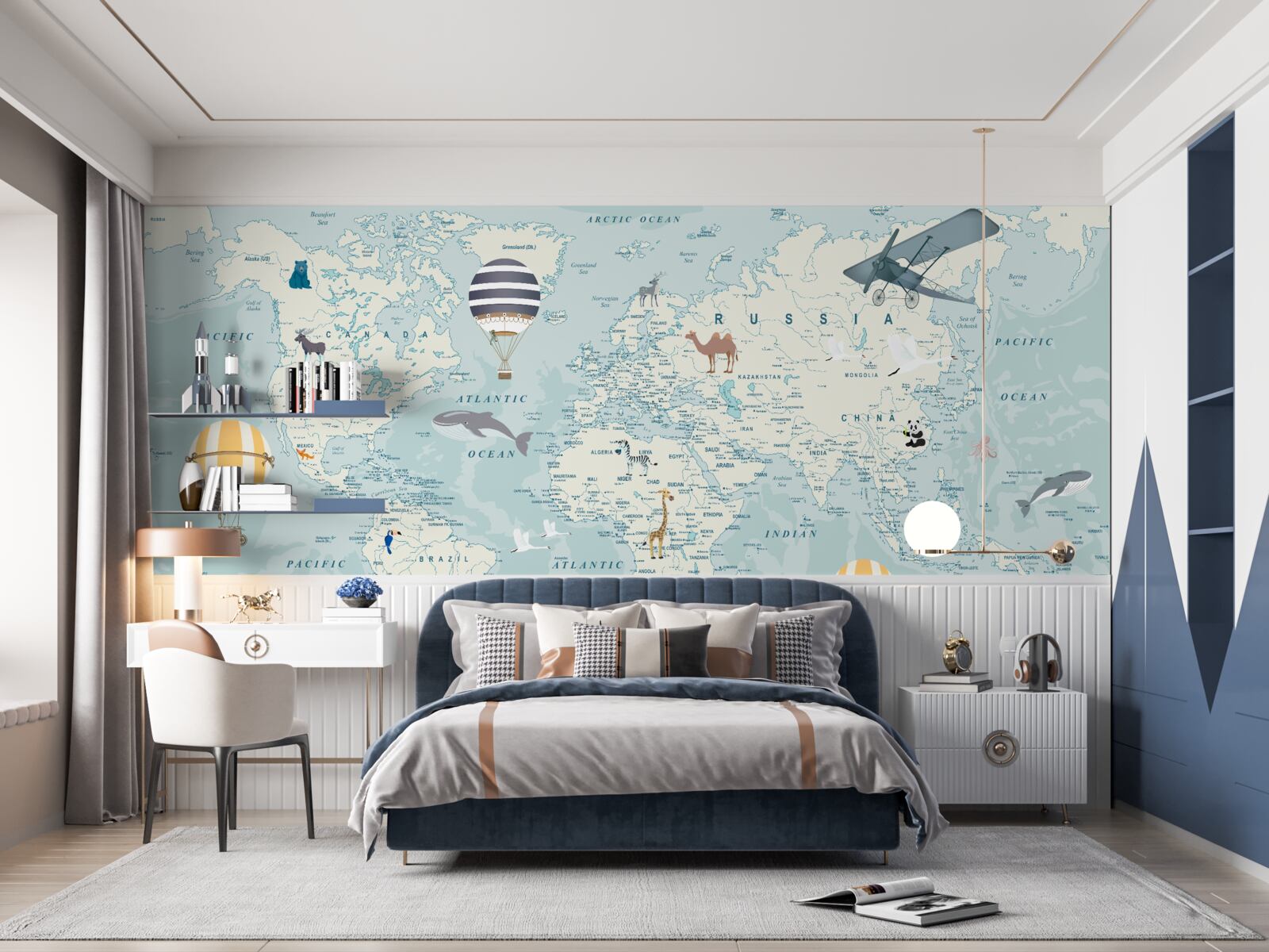 Carta da parati Mappa del mondo che mostra i trasporti e gli animali