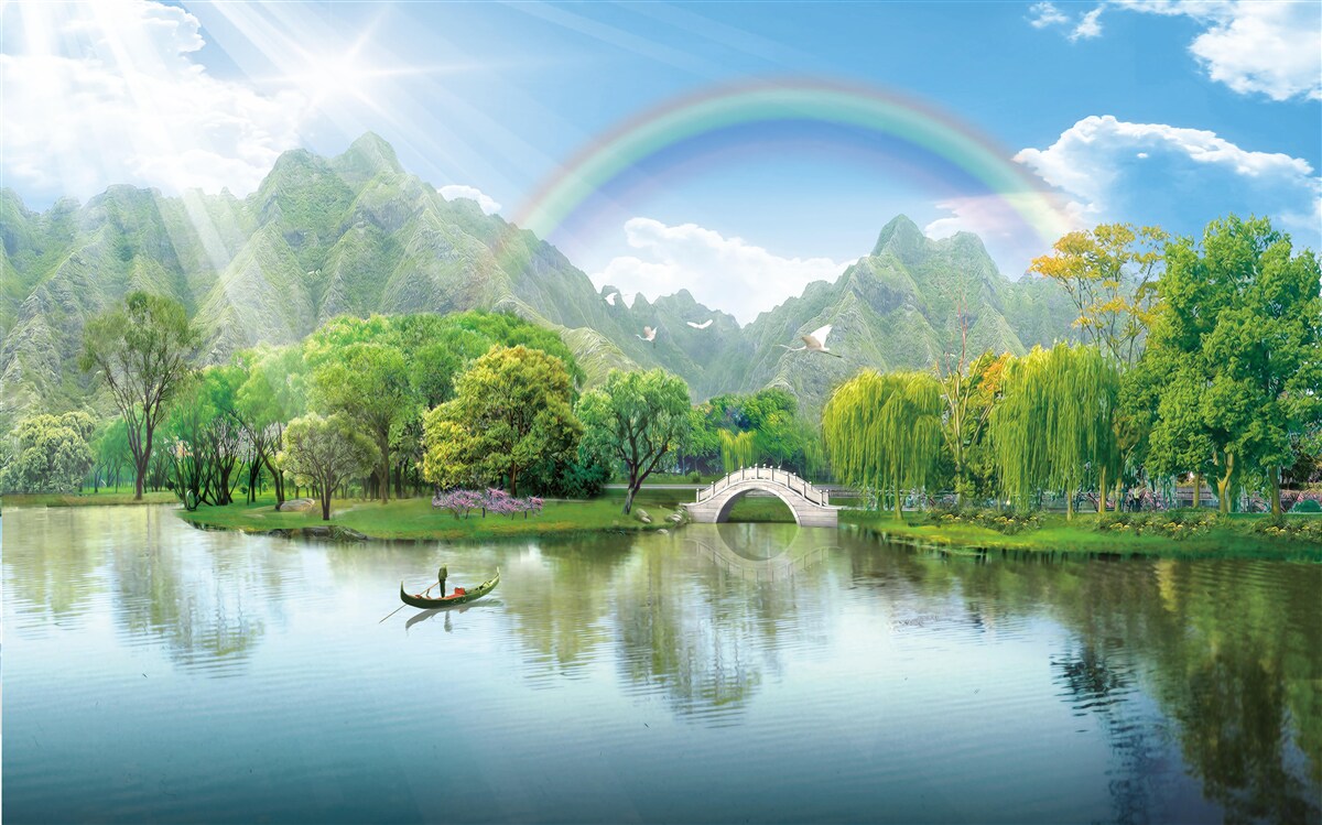 Carta da parati Lago di montagna giapponese con arcobaleno