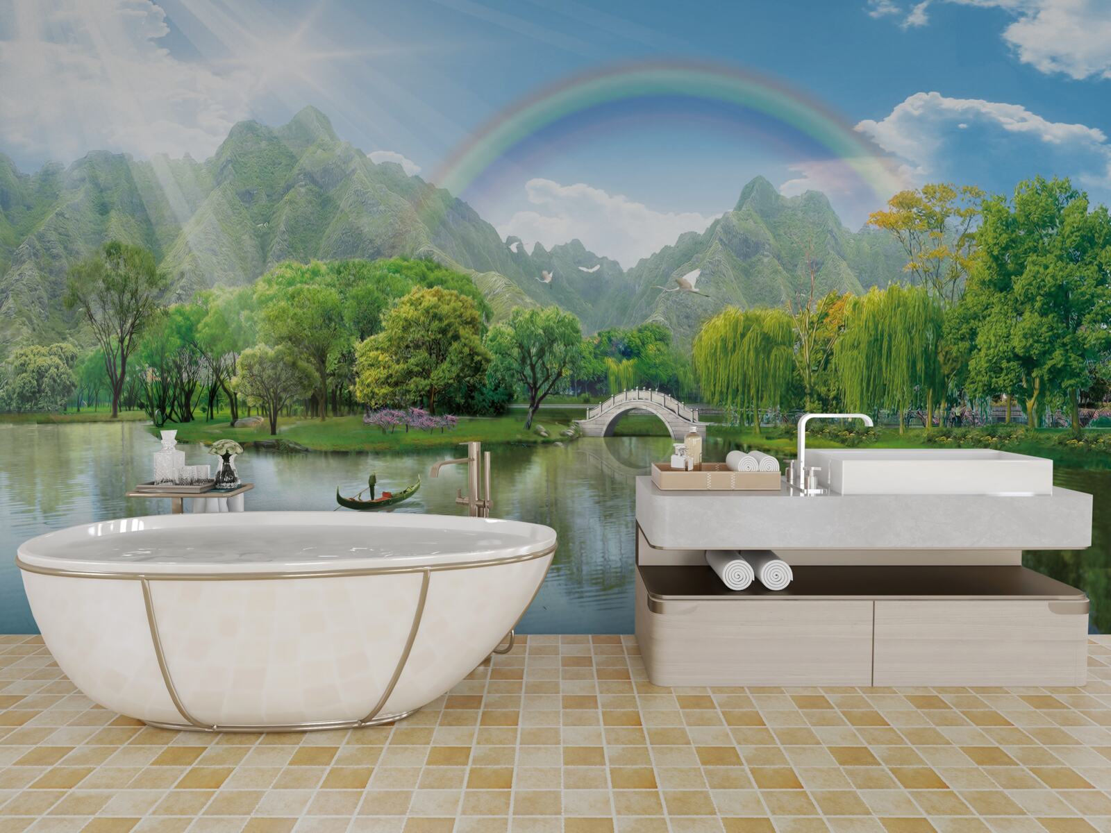Carta da parati Lago di montagna giapponese con arcobaleno