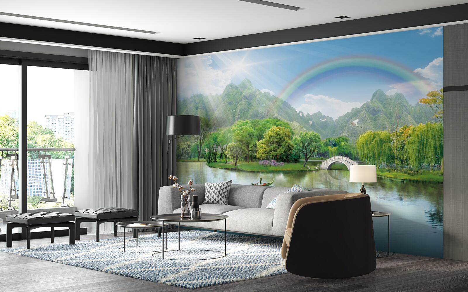 Carta da parati Lago di montagna giapponese con arcobaleno