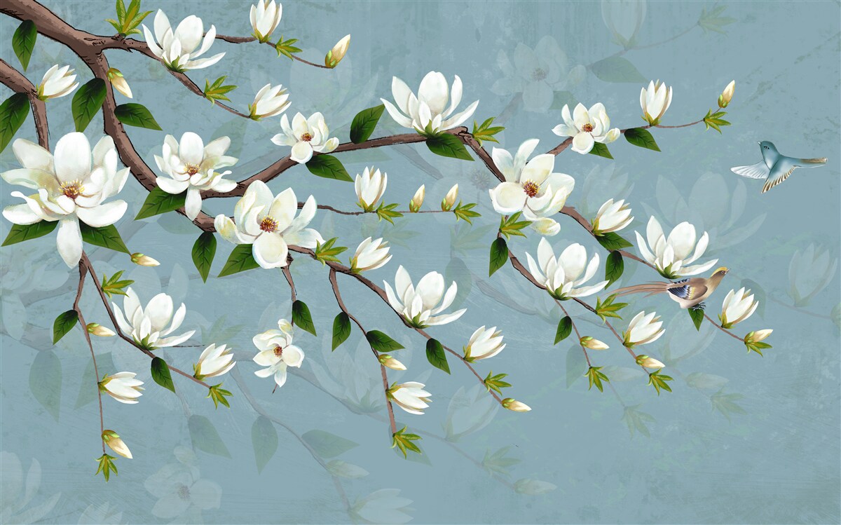 Carta da parati ciliegio fiorito con fiori bianchi