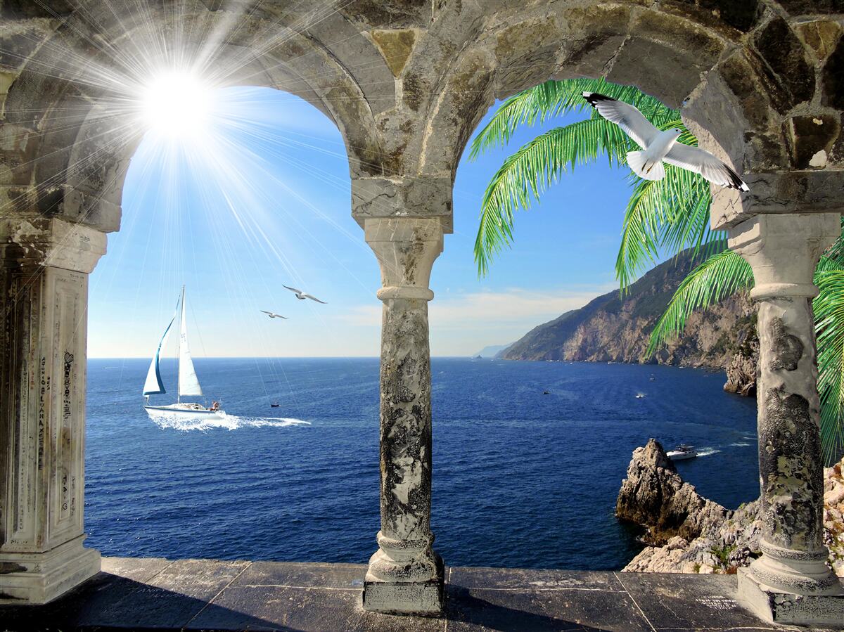 Carta da parati antico arco a picco sul mare