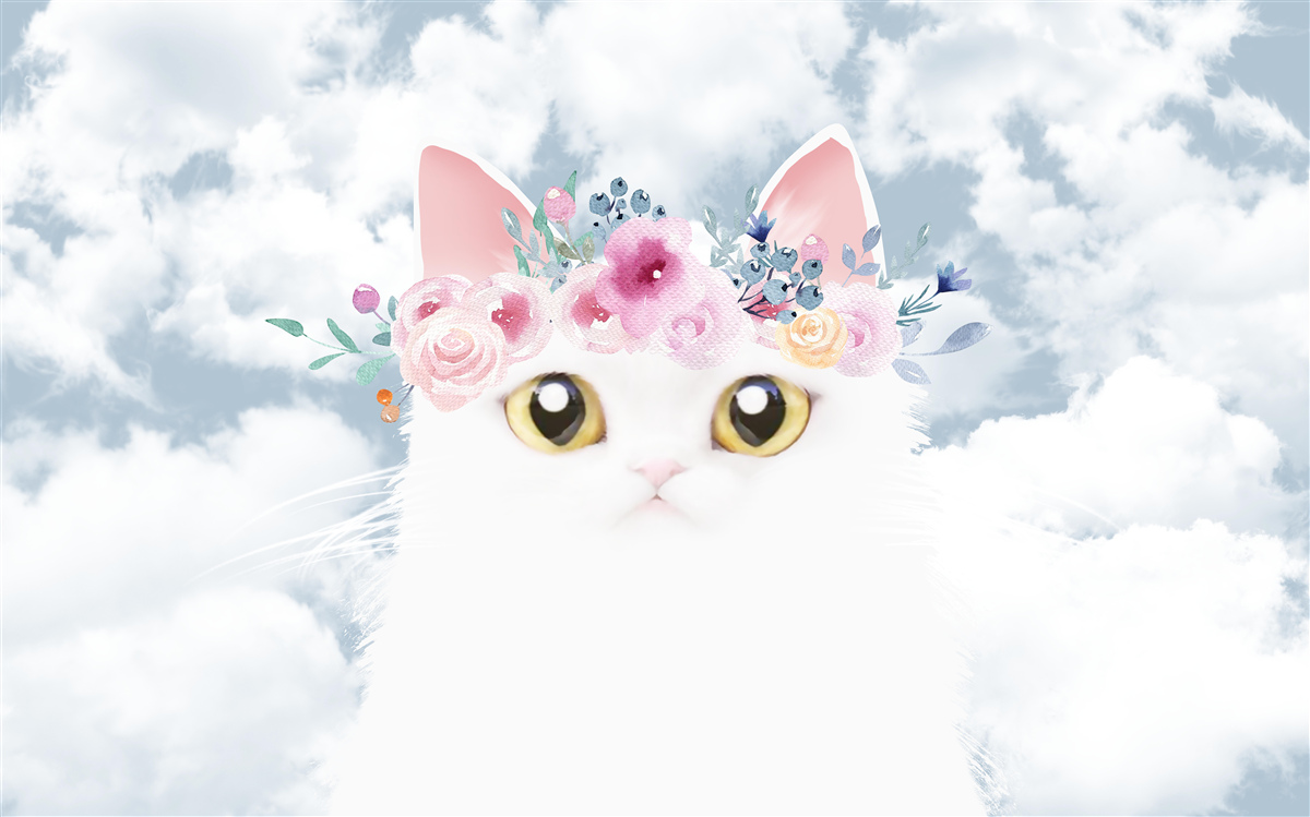 Carta da parati gatto tra i fiori in un cielo di nuvole