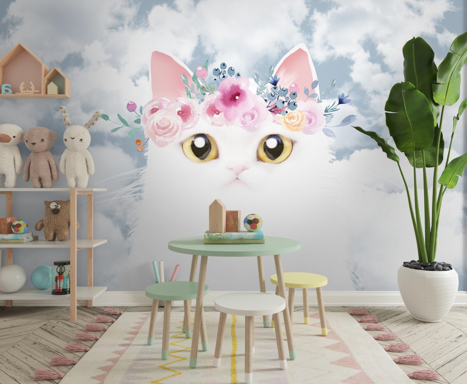Carta da parati gatto tra i fiori in un cielo di nuvole