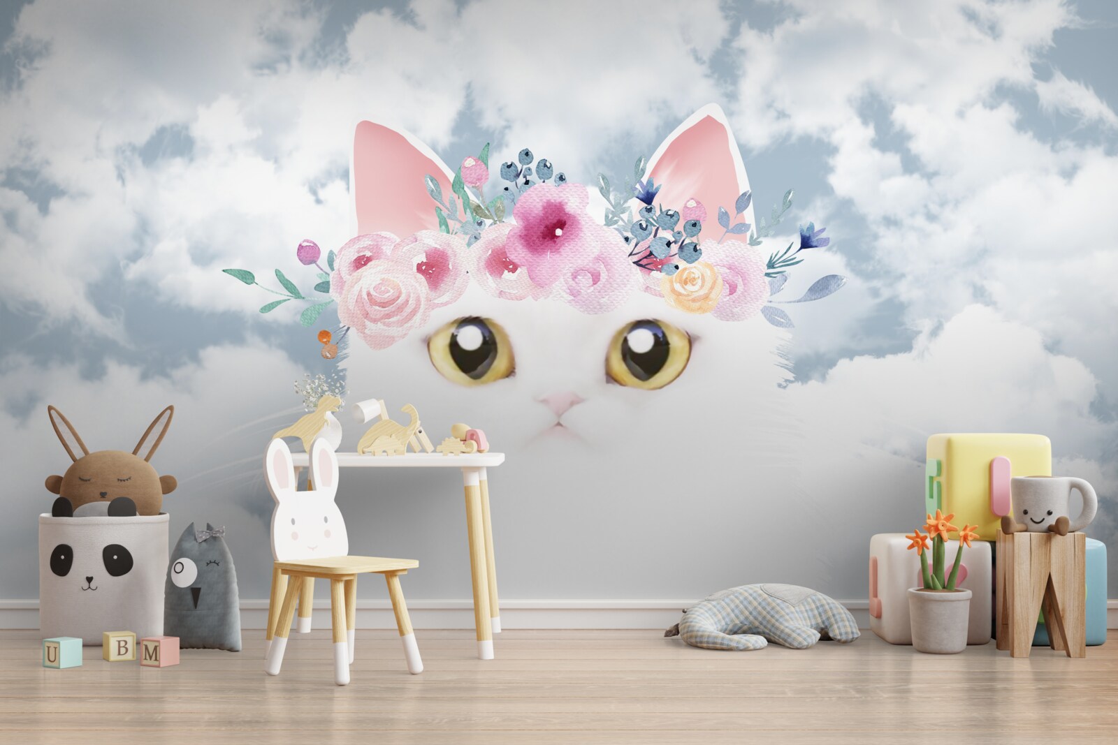 Carta da parati gatto tra i fiori in un cielo di nuvole