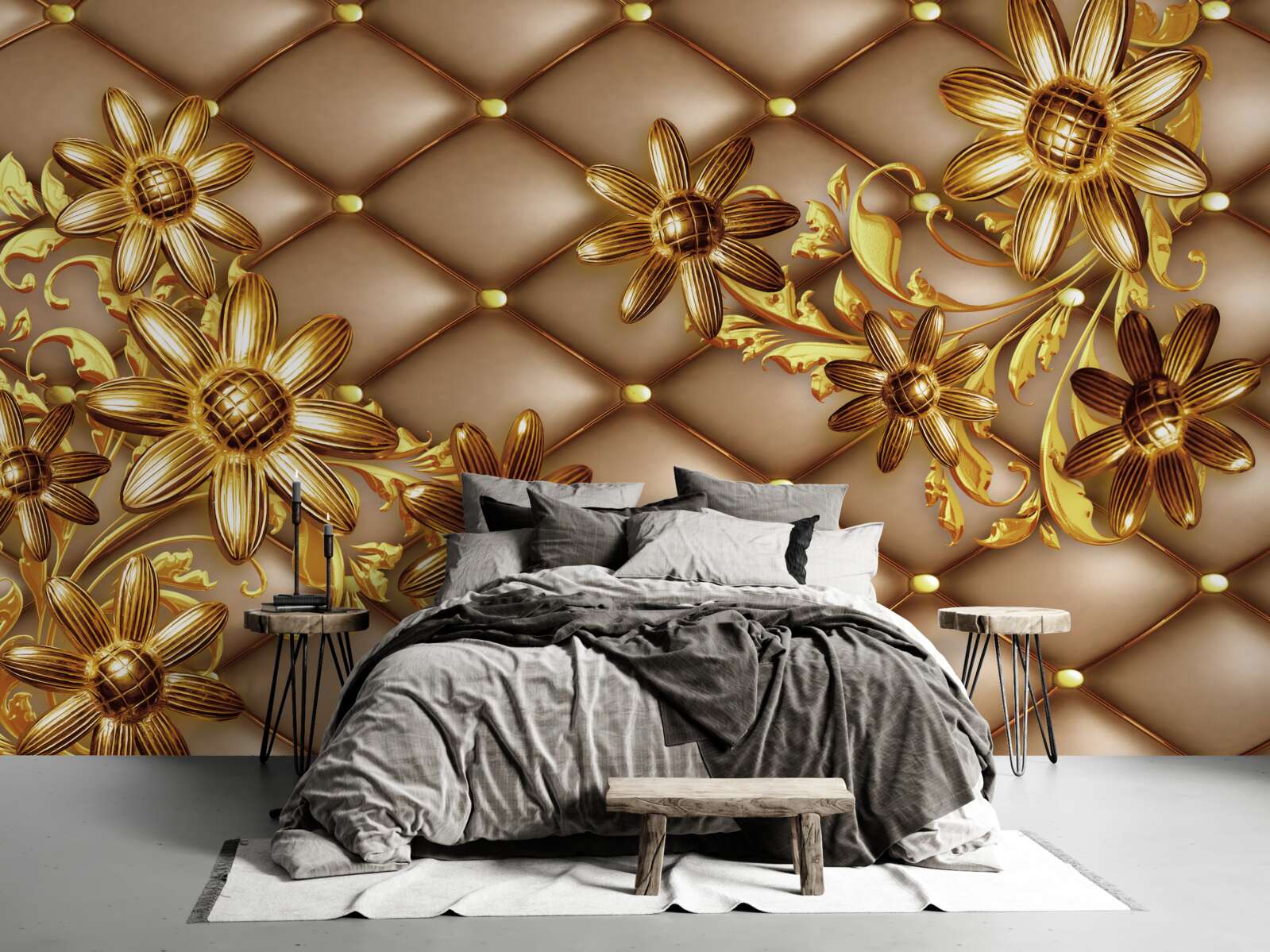 Carta da parati fiori d'oro su tessuto
