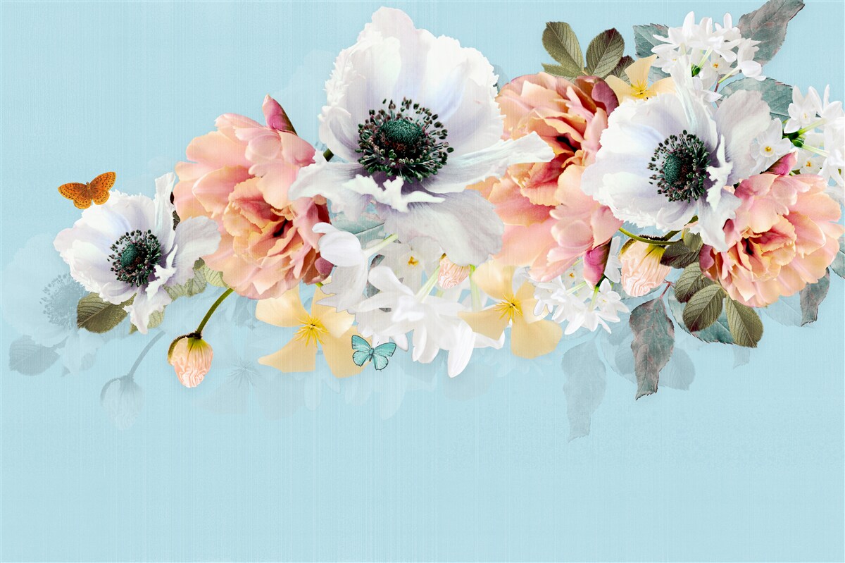 Carta da parati bouquet di papaveri bianchi e altri fiori