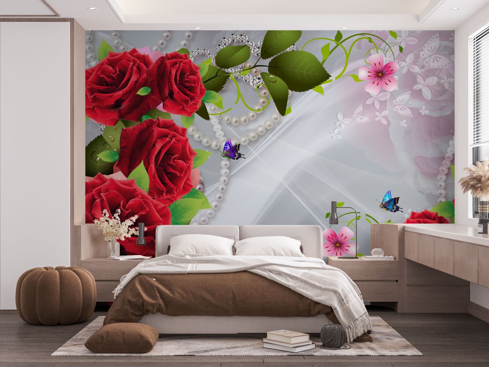 Carta da parati rose rosso perla