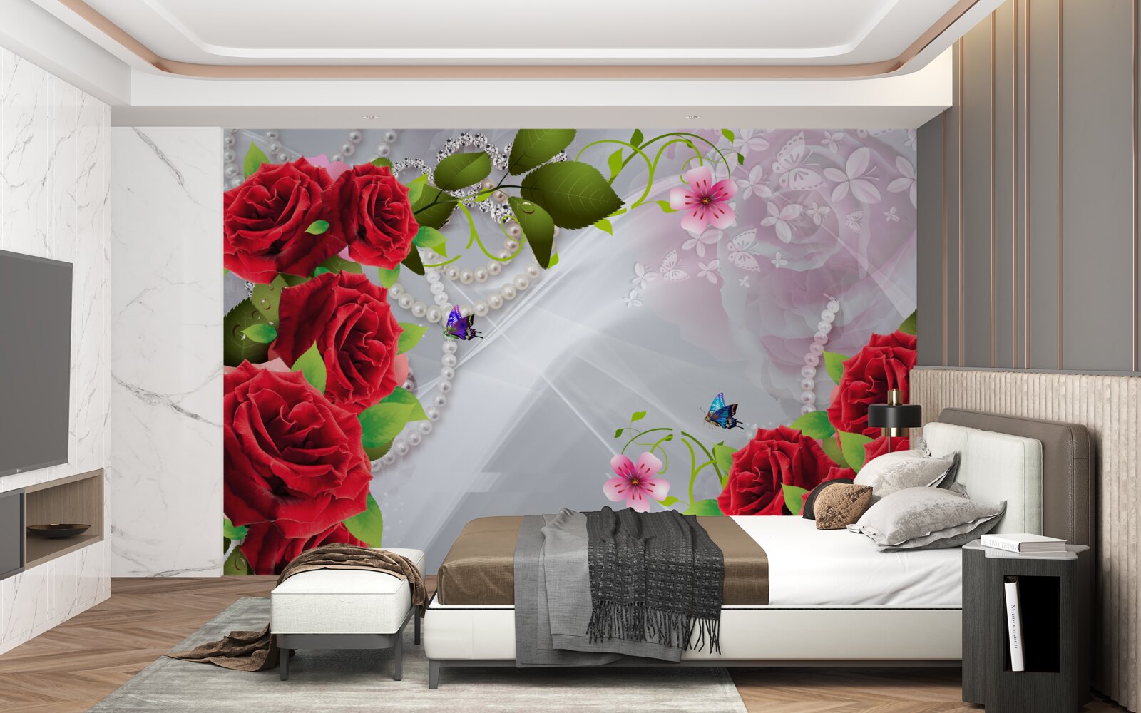Carta da parati rose rosso perla