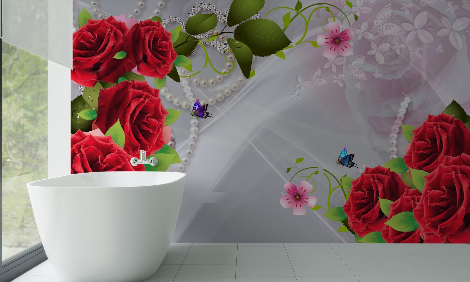 Carta da parati rose rosso perla