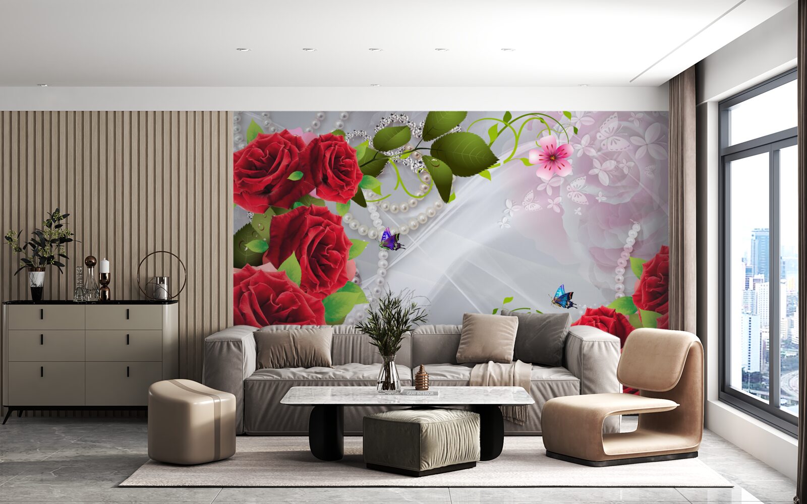 Carta da parati rose rosso perla