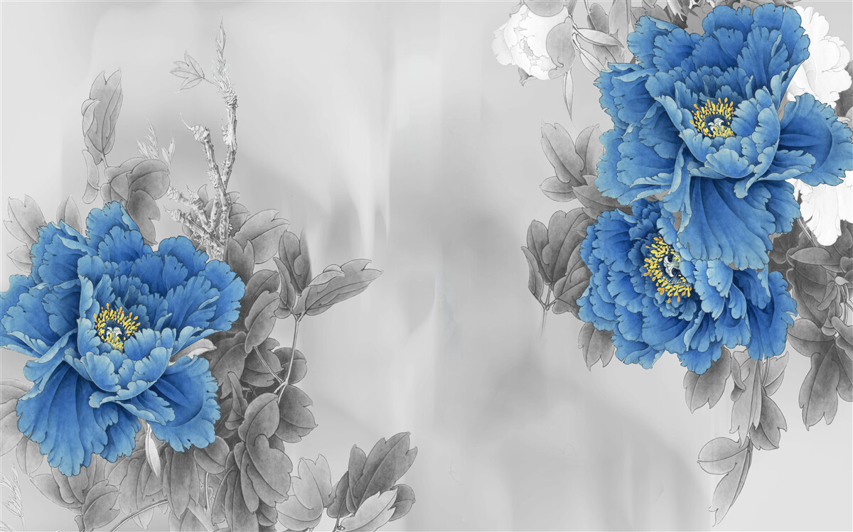 Carta da parati fiori blu su sfondo grigio