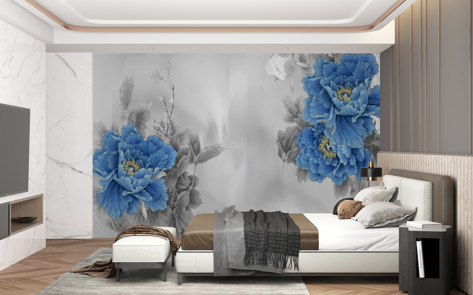 Carta da parati fiori blu su sfondo grigio