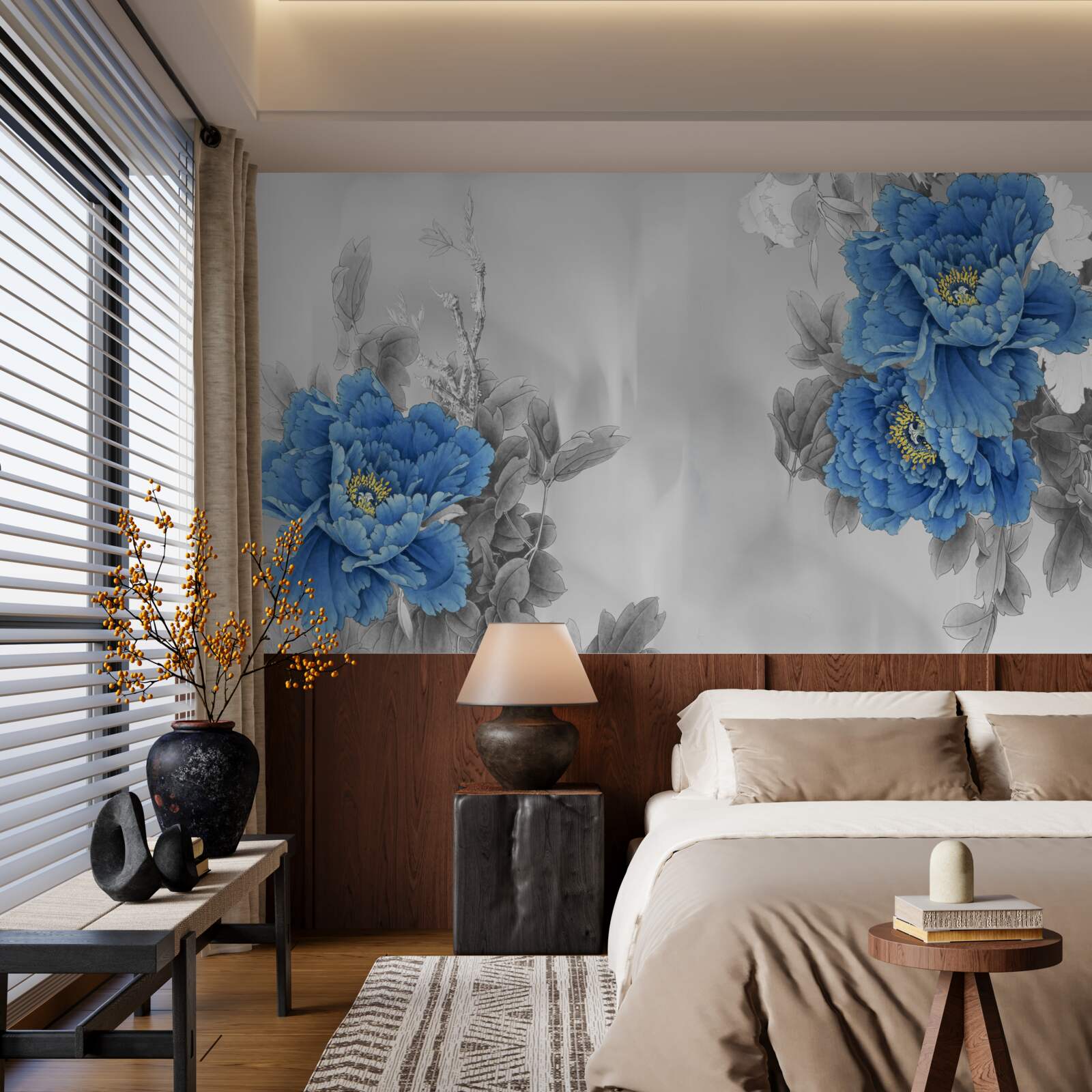 Carta da parati fiori blu su sfondo grigio