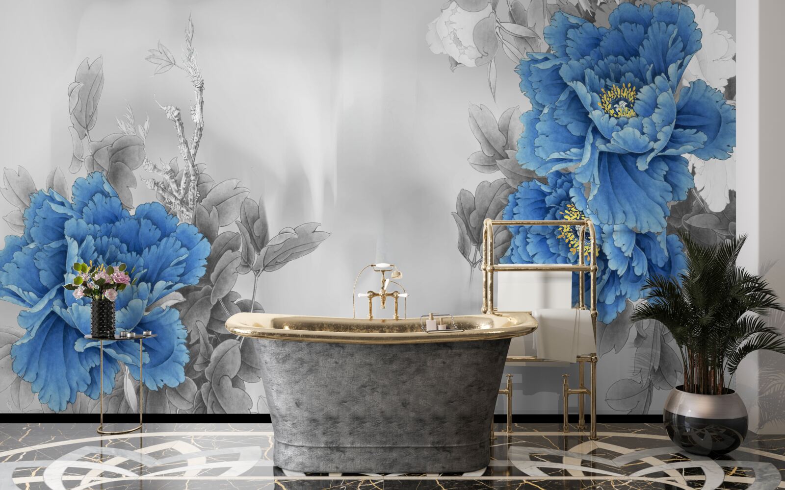 Carta da parati fiori blu su sfondo grigio