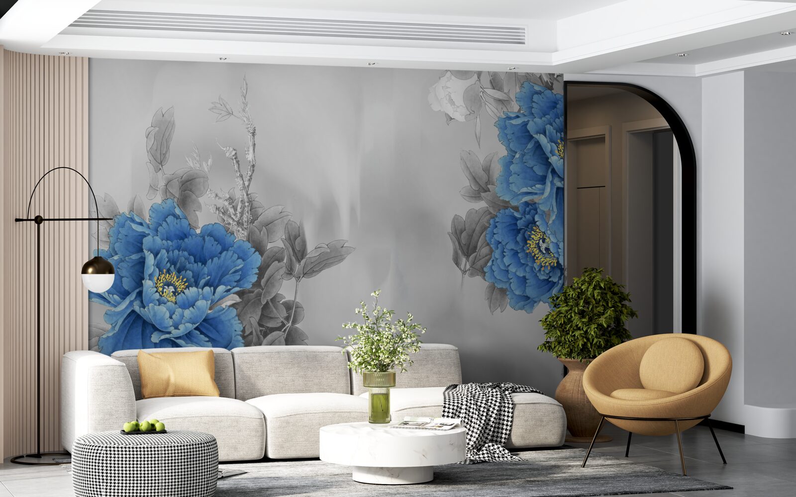 Carta da parati fiori blu su sfondo grigio