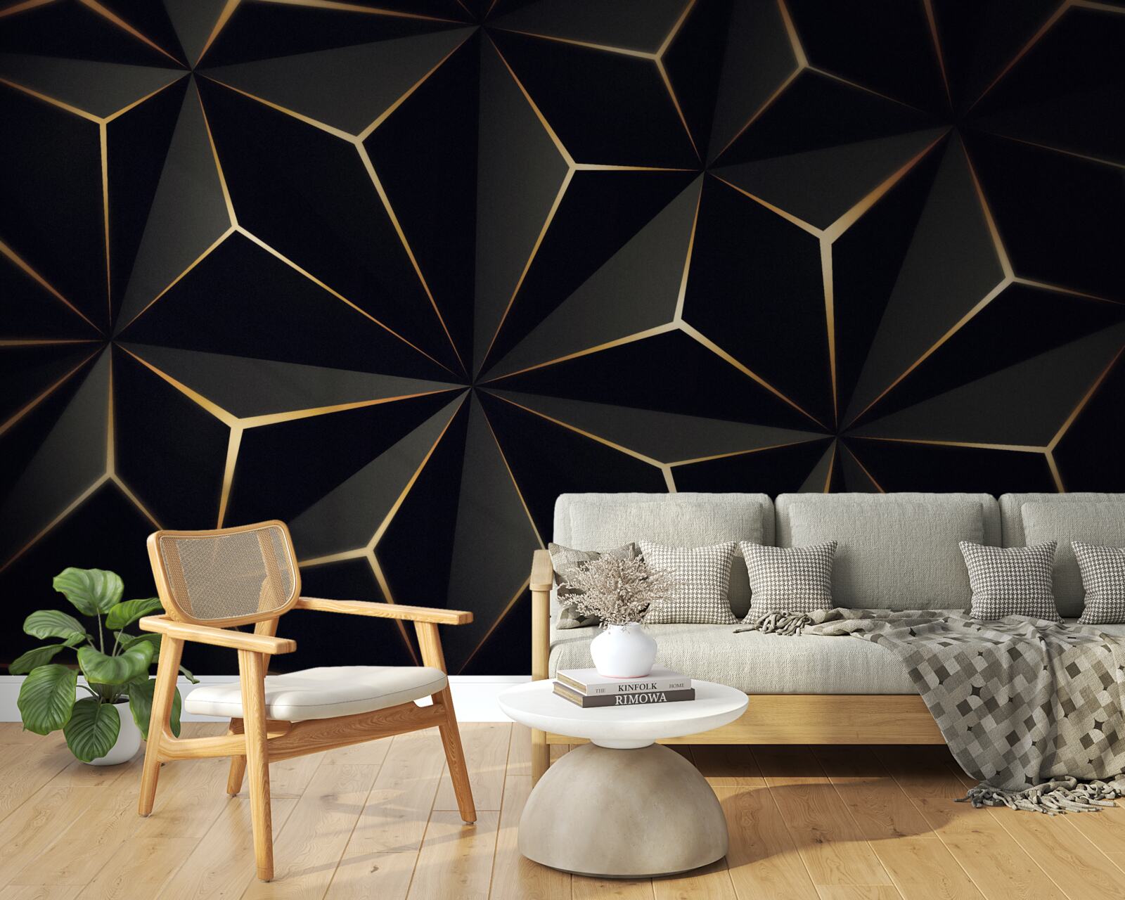 Carta da parati Piramidi 3d in nero con elementi in oro