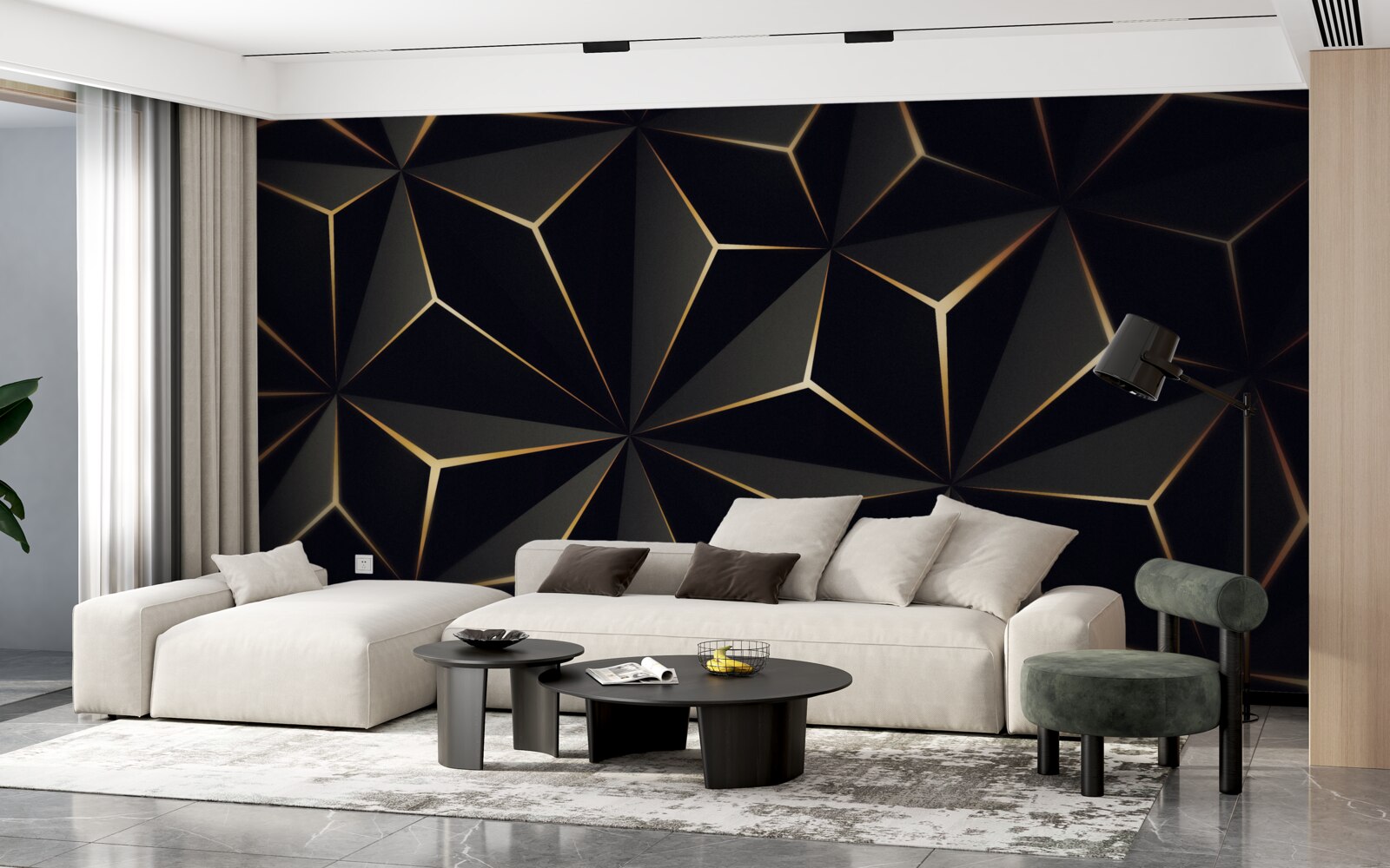 Carta da parati Piramidi 3d in nero con elementi in oro
