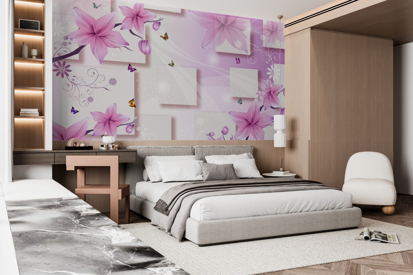 Carta da parati forme geometriche decorate con fiori viola scuro