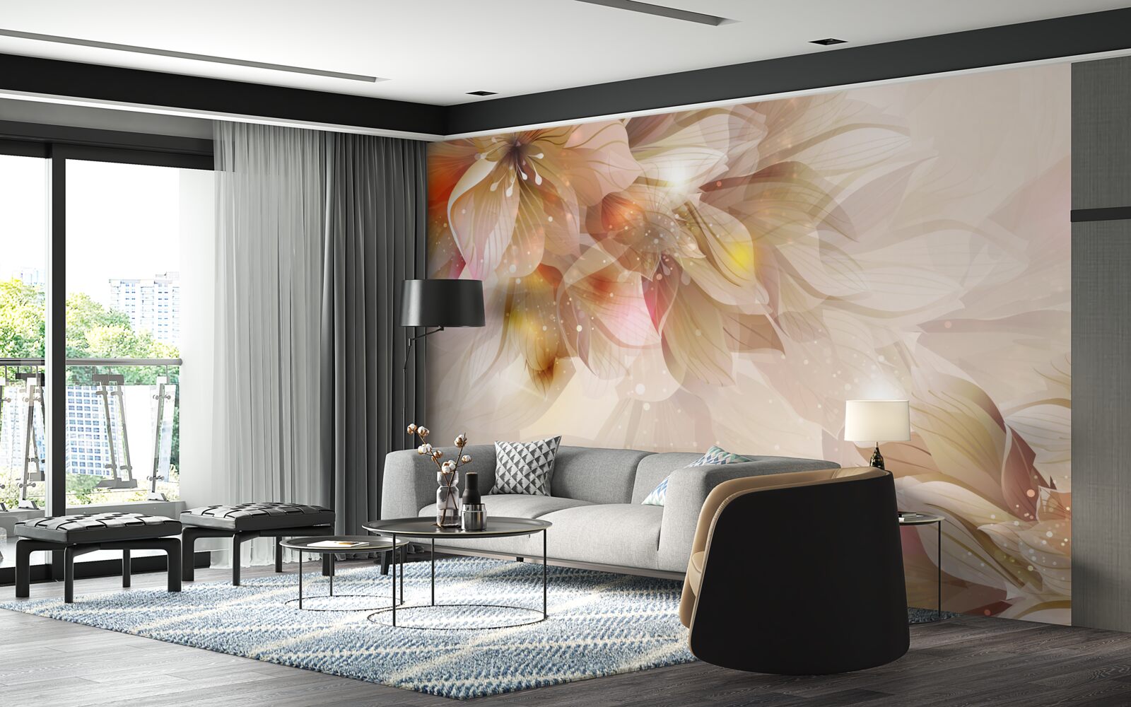 Carta da parati fiori luminosi con luce soffusa