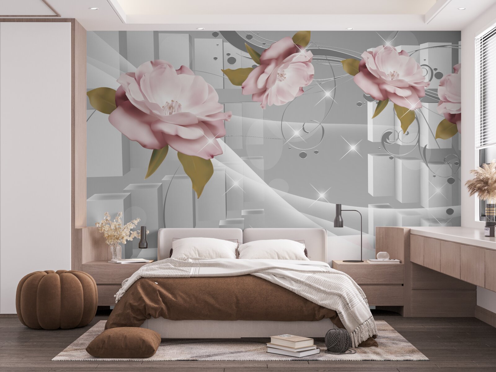 Carta da parati boccioli di fiori in forme geometriche