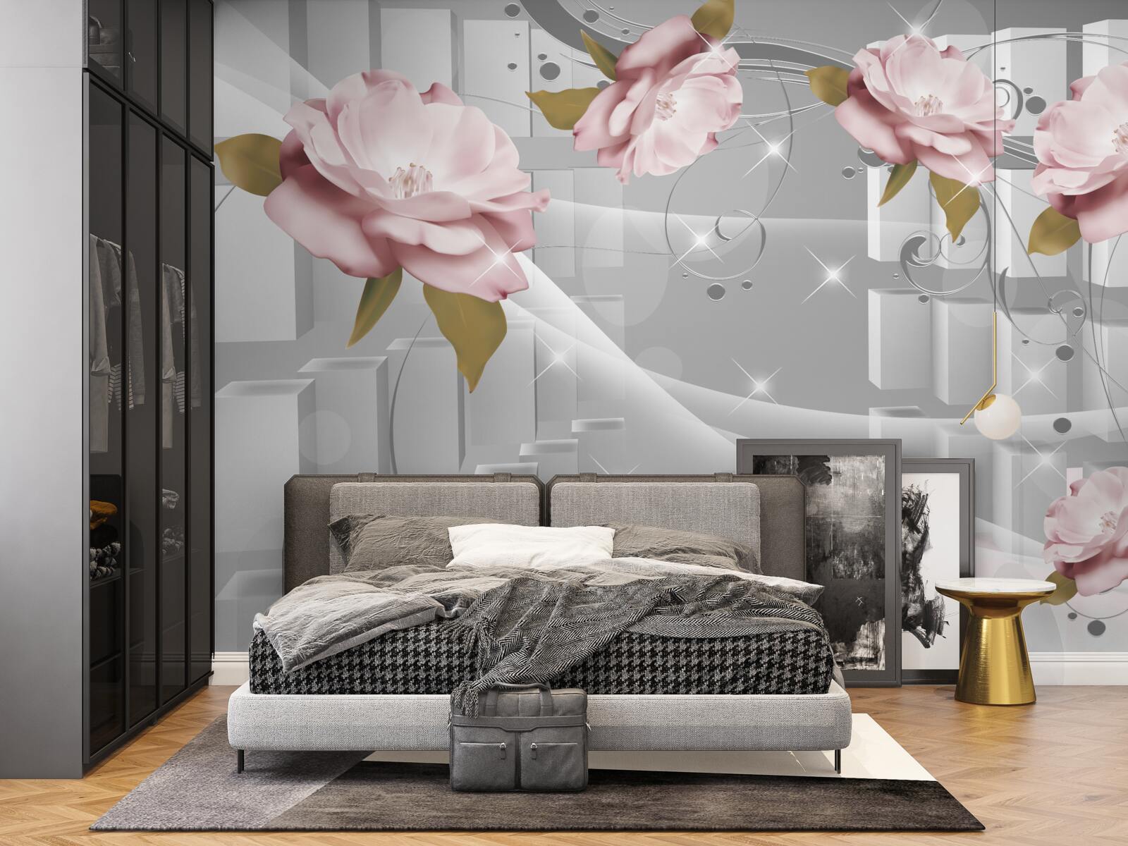 Carta da parati boccioli di fiori in forme geometriche