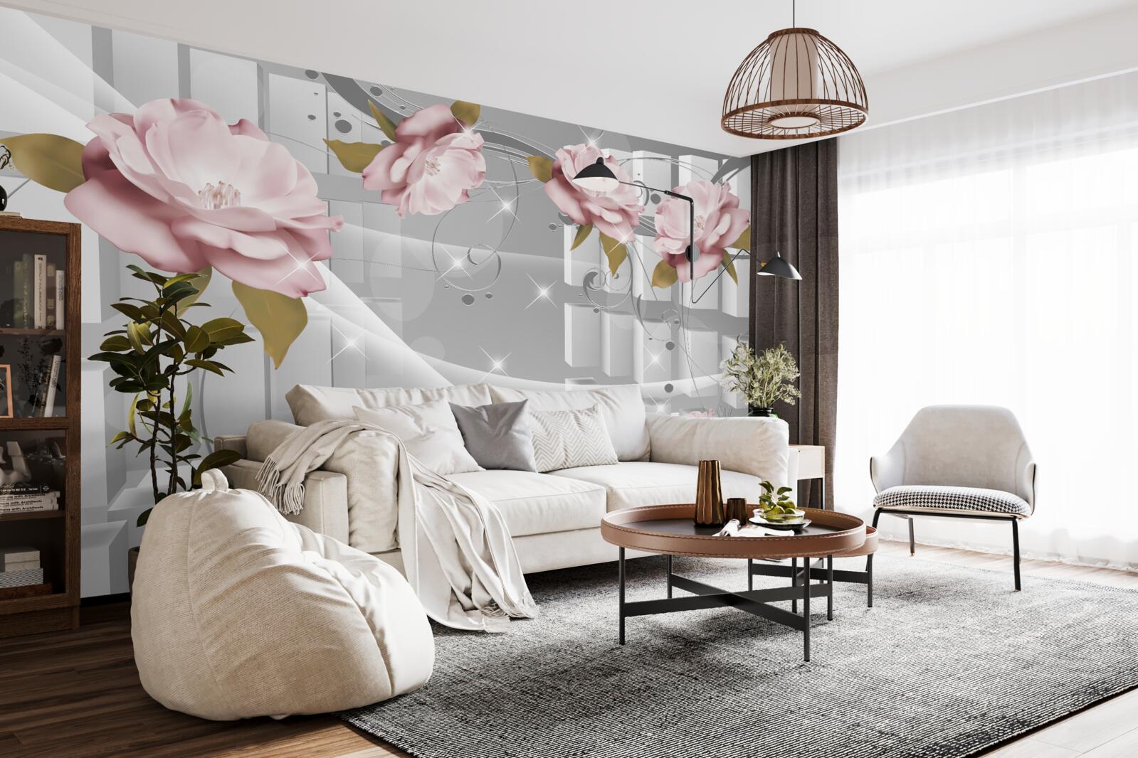 Carta da parati boccioli di fiori in forme geometriche