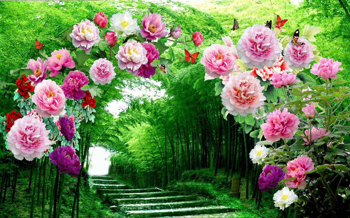 Carta da parati fiori e volpi in bambù verde