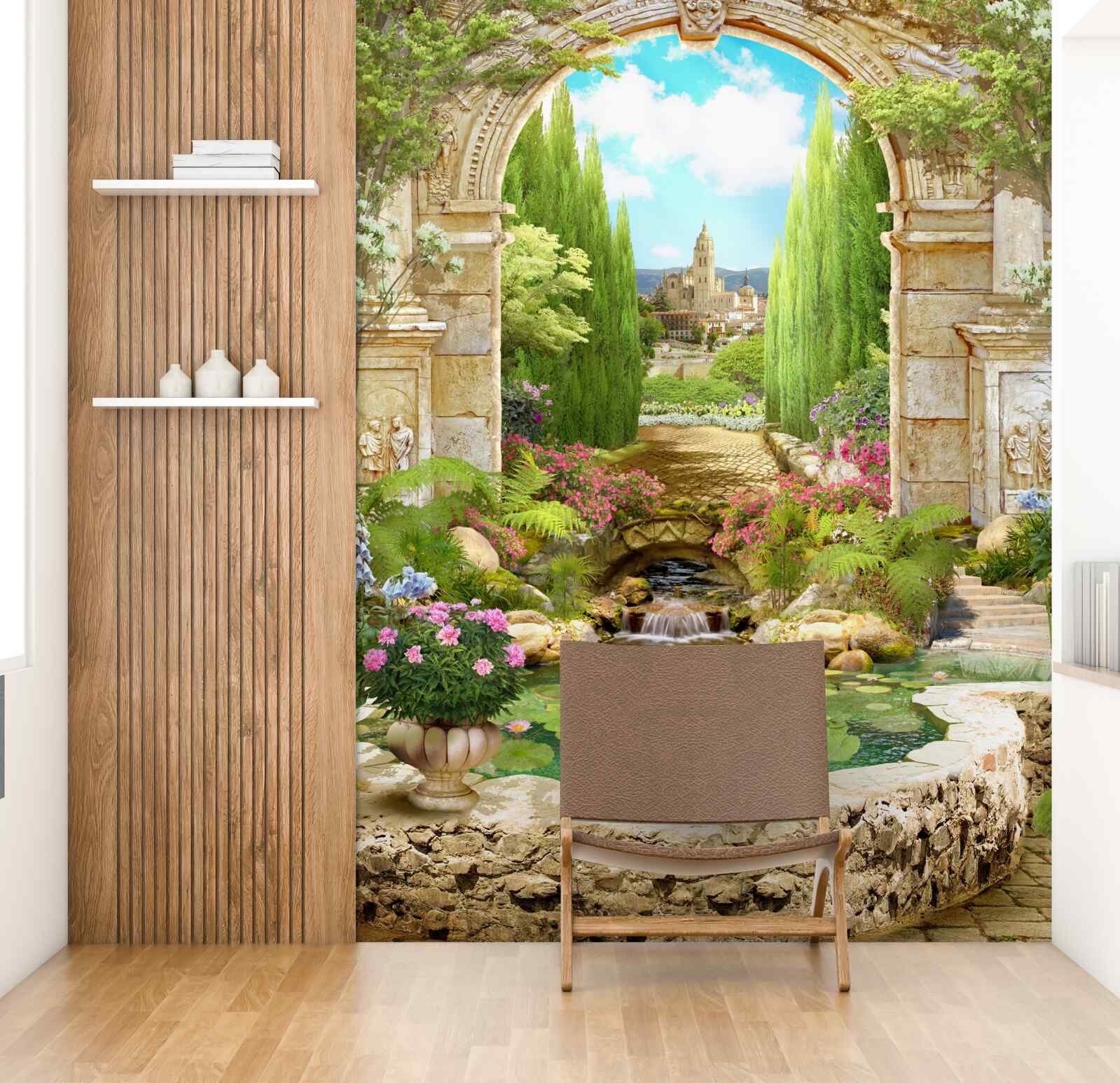 Carta da parati antico arco in pietra circondato dal verde