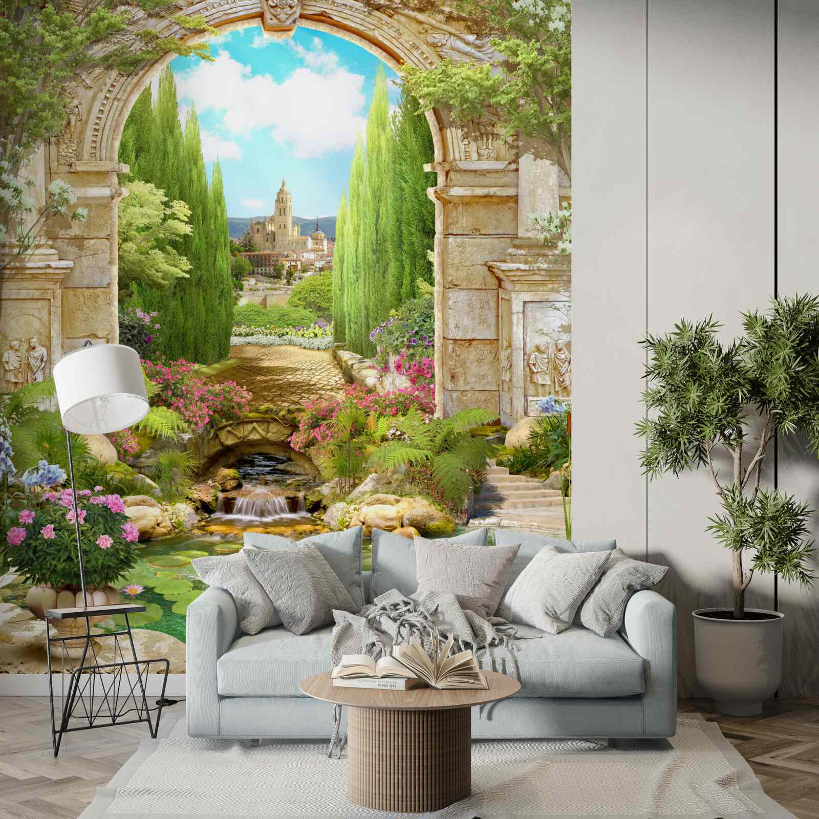 Carta da parati antico arco in pietra circondato dal verde